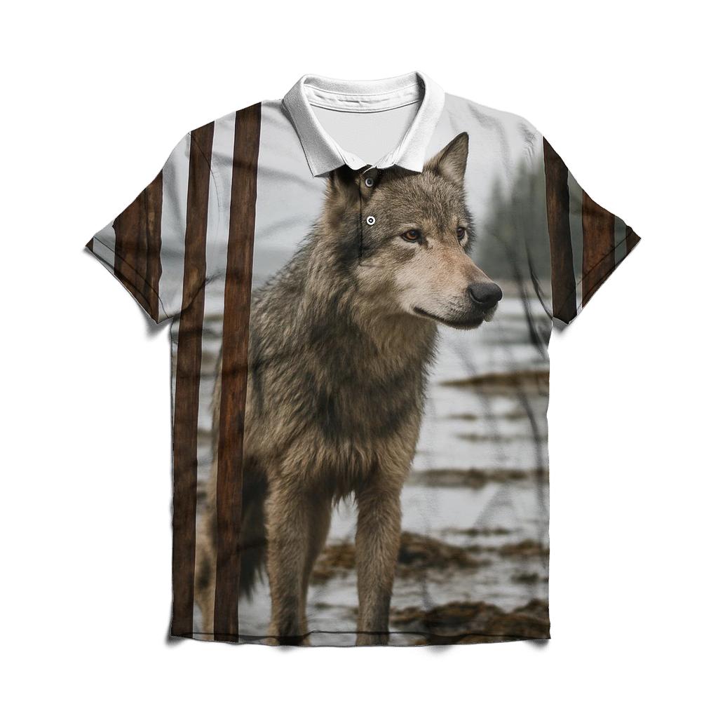 Coastal Wolf Listening In A Cedar Bark Weir personalized polo shirts
