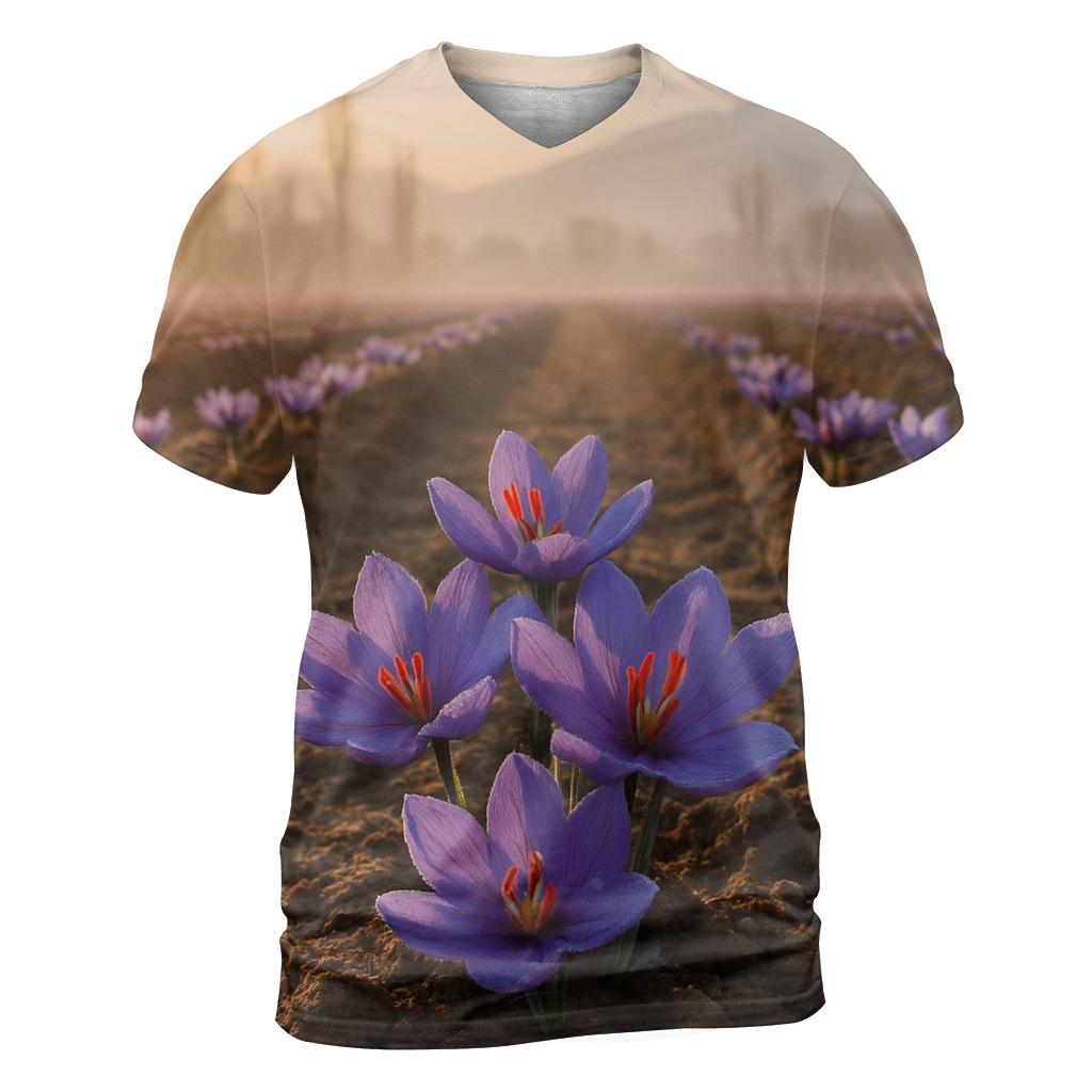 Saffron Crocus Harvest Rows At Dawn In Kashmir Valley creative print fashion shirts