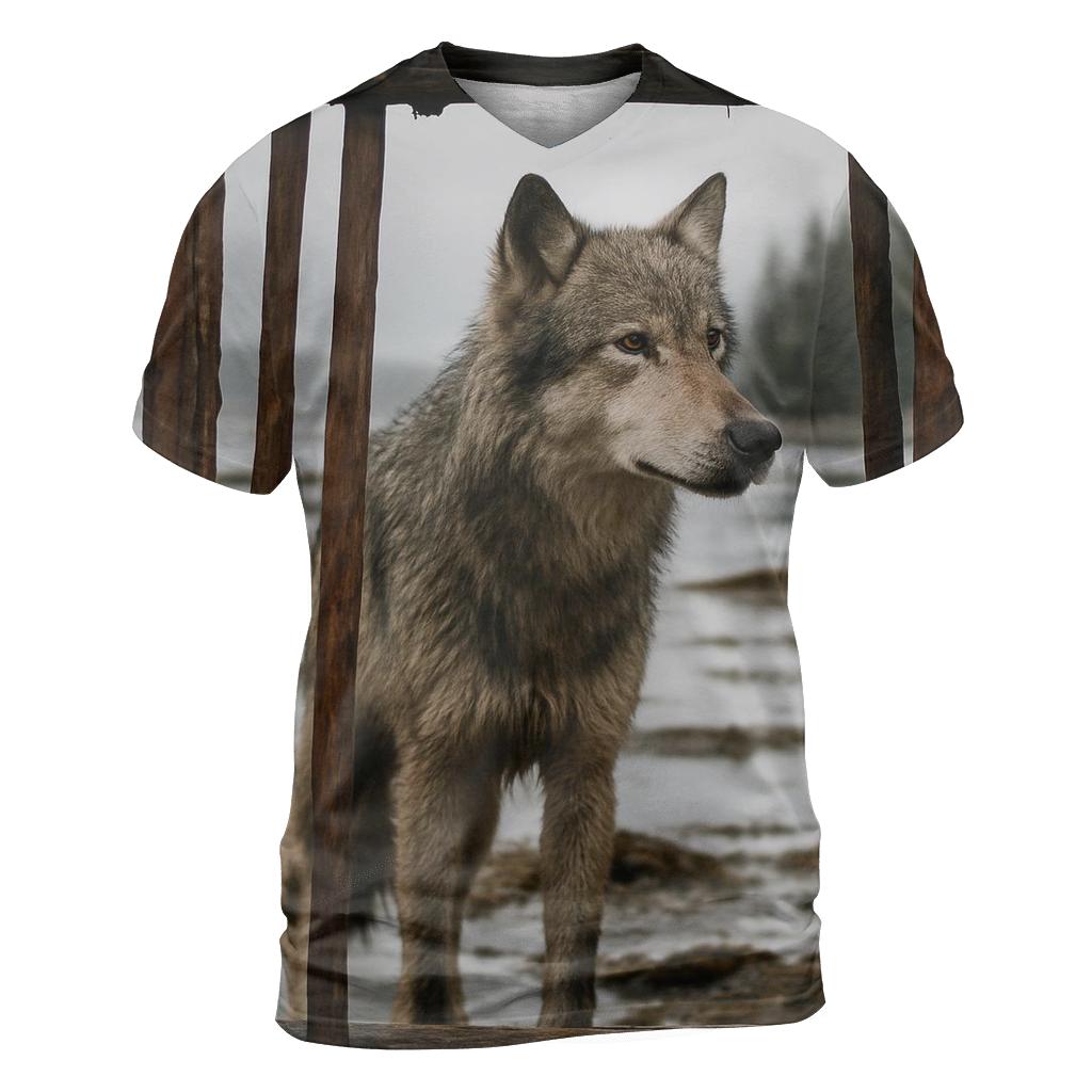 Coastal Wolf Listening In A Cedar Bark Weir statement graphic shirts