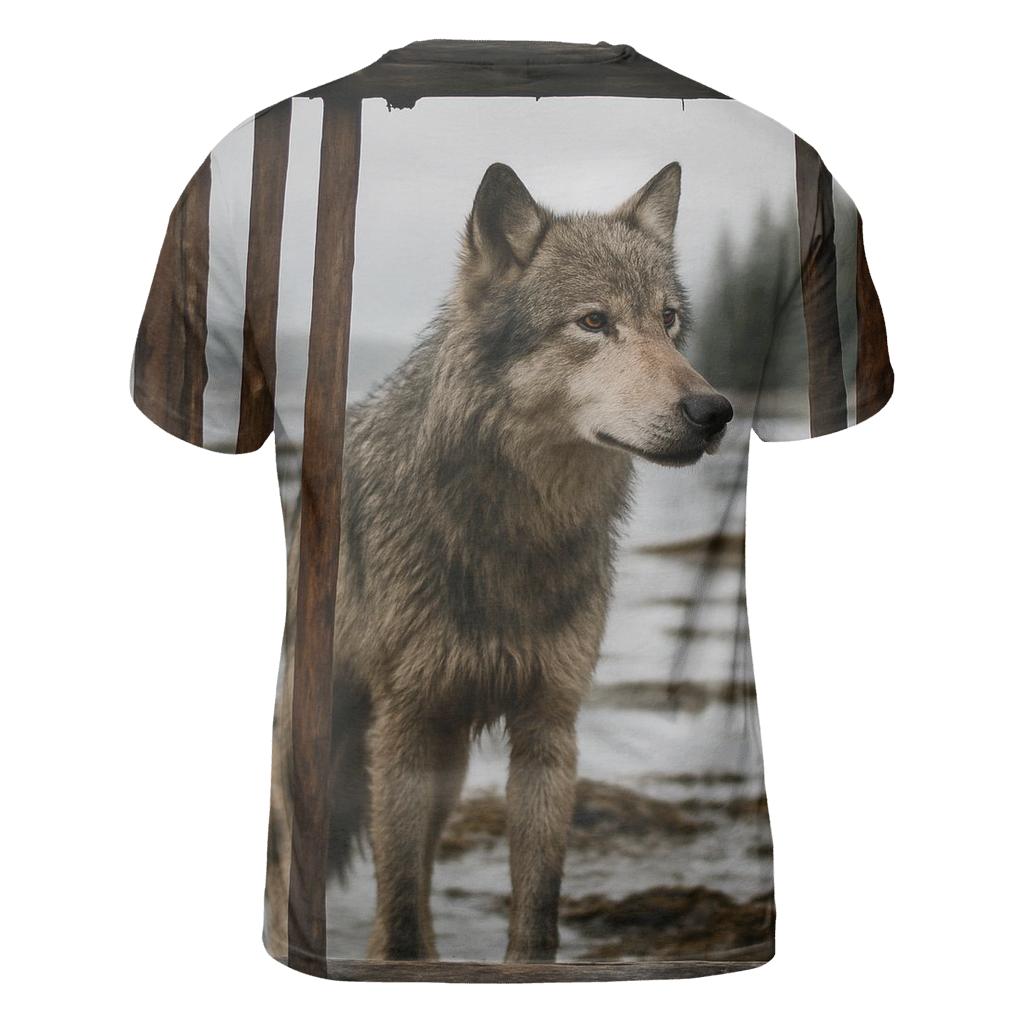 Coastal Wolf Listening In A Cedar Bark Weir statement graphic shirts