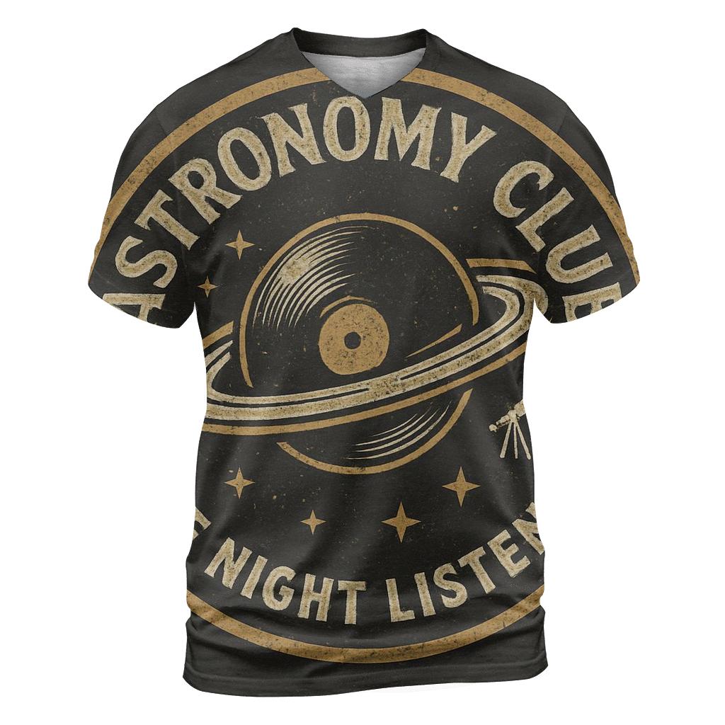 Distressed Vinyl Astronomy Club Badge statement graphic shirts