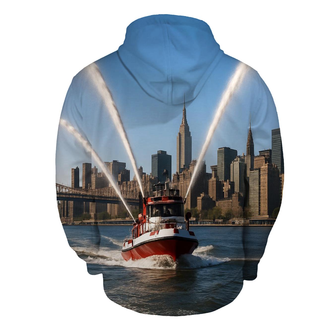 East River Fireboat Arcs Framing Midtown pullover hoodies