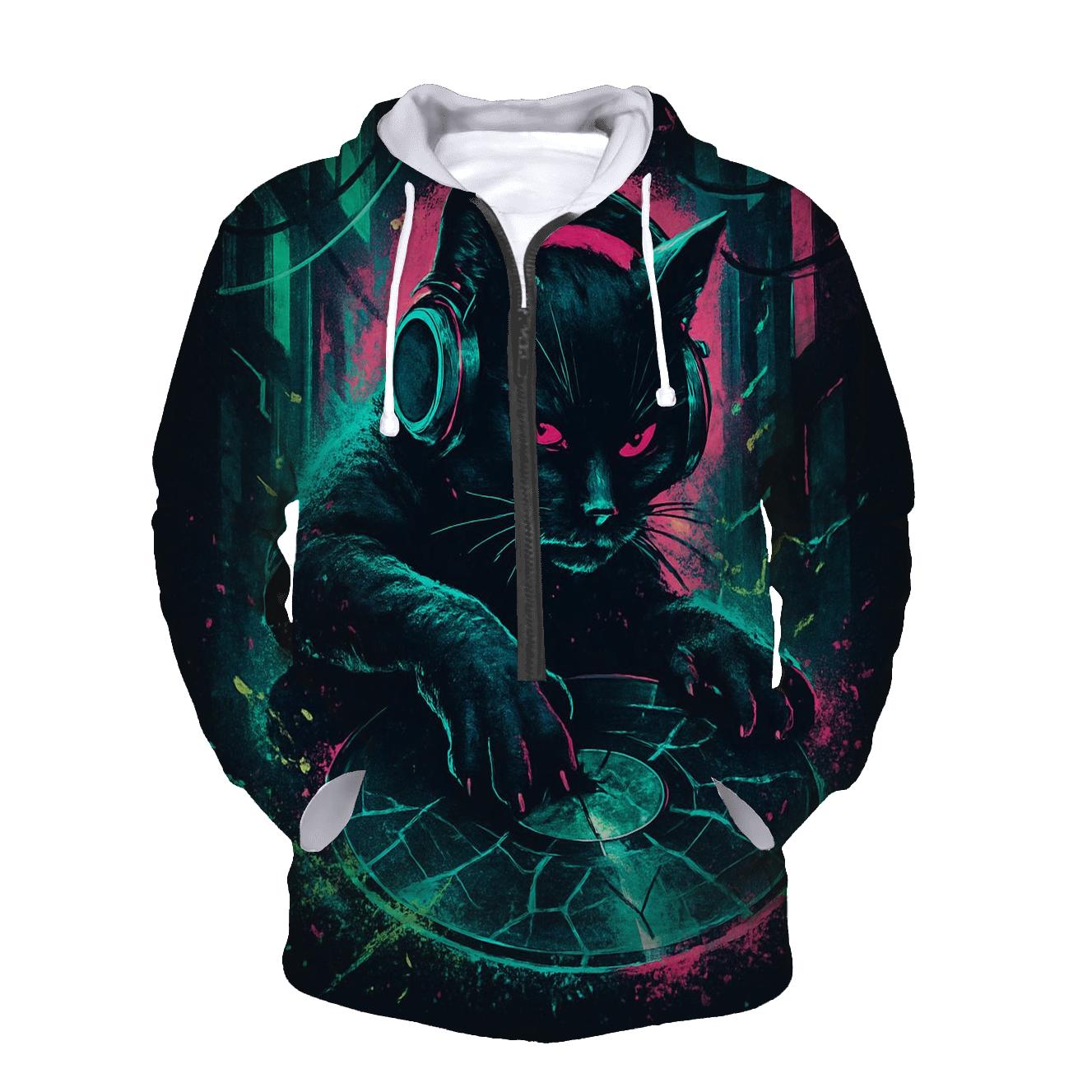 Neon Glasswave Alley Cat DJ graphic hoodies