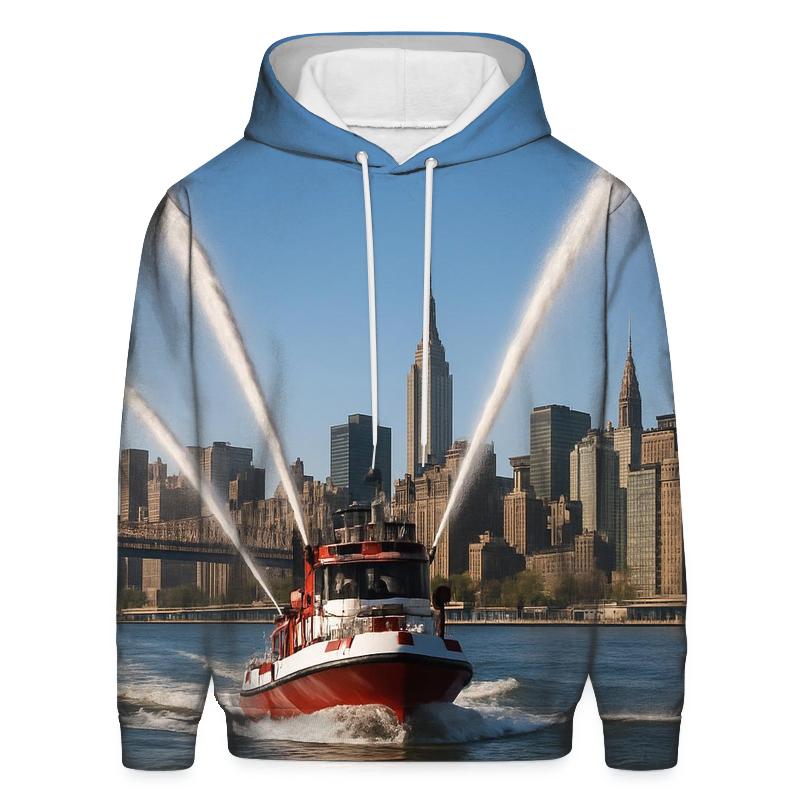 East River Fireboat Arcs Framing Midtown embroidered hoodies