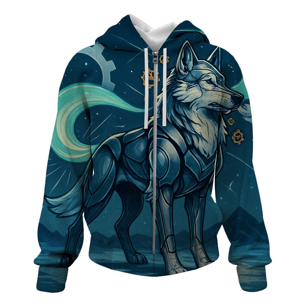 The Clockwork Aurora Wolf designer hoodies