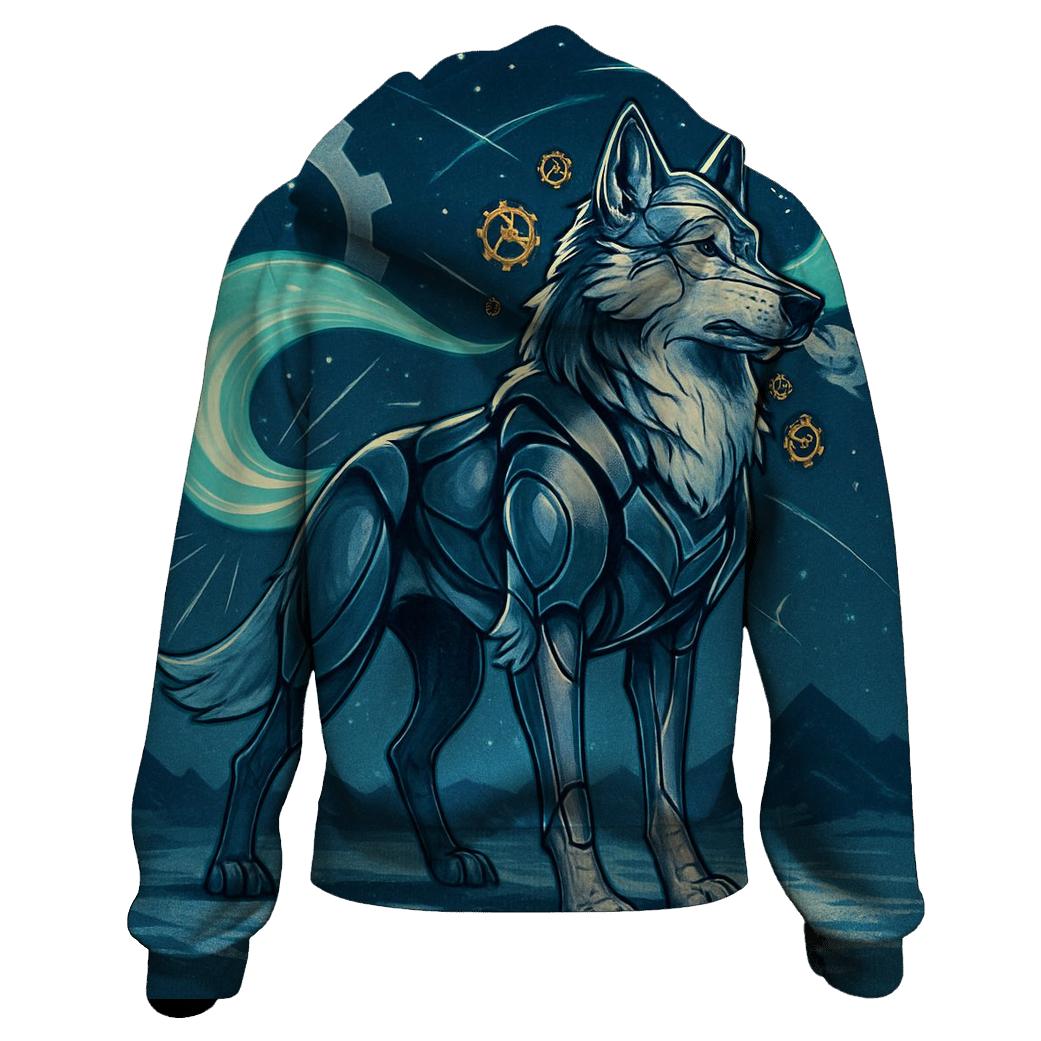 The Clockwork Aurora Wolf designer hoodies
