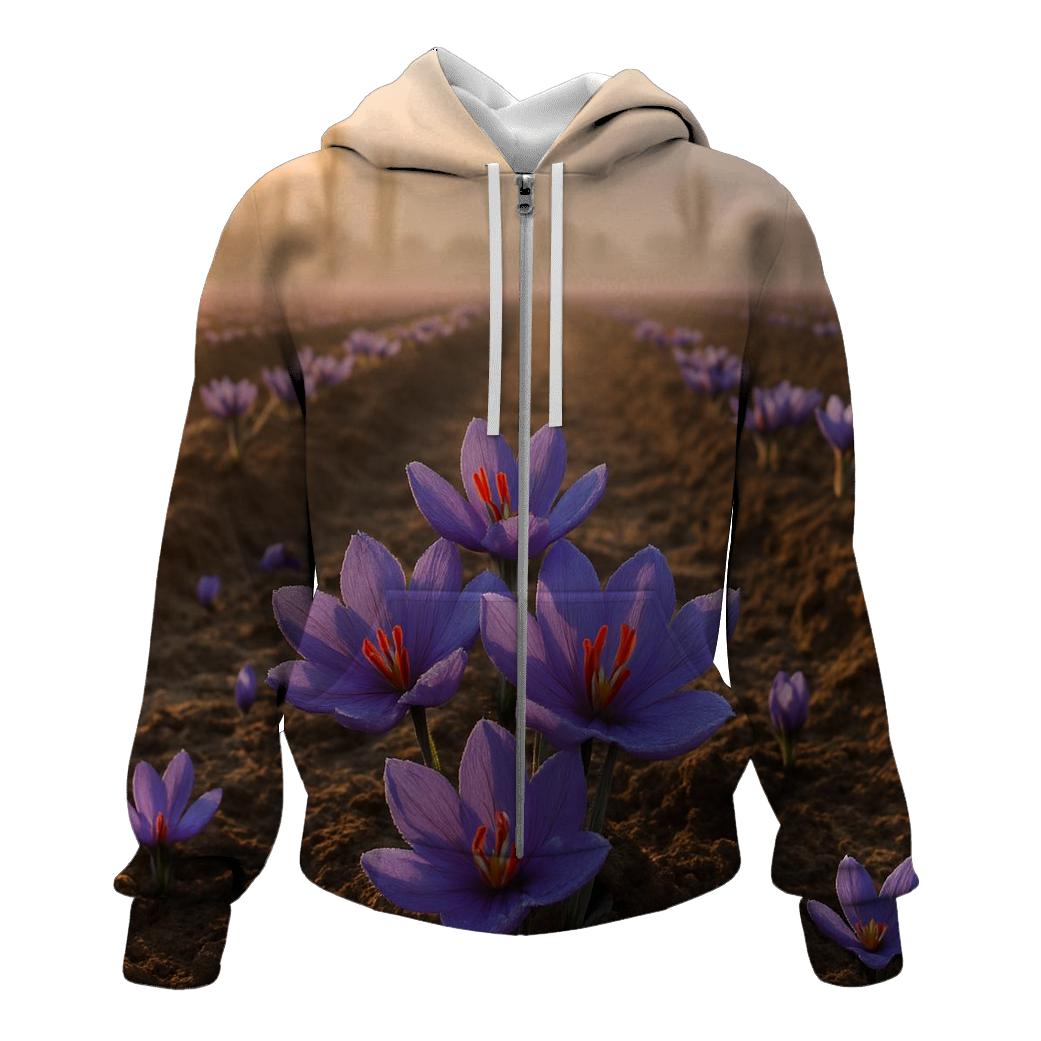 Saffron Crocus Harvest Rows At Dawn In Kashmir Valley zip-up hoodies