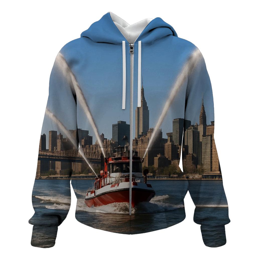 East River Fireboat Arcs Framing Midtown printed hoodies
