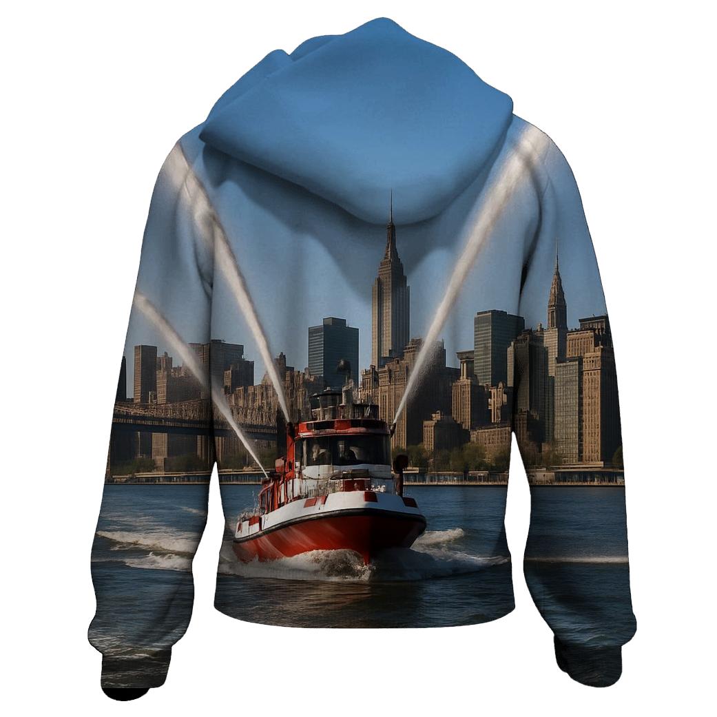 East River Fireboat Arcs Framing Midtown printed hoodies