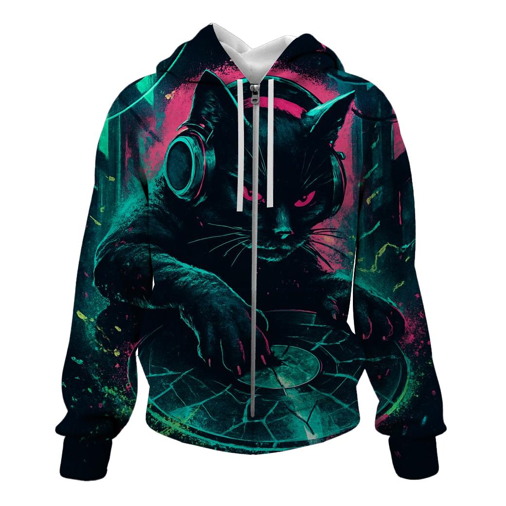 Neon Glasswave Alley Cat DJ hoodie designs