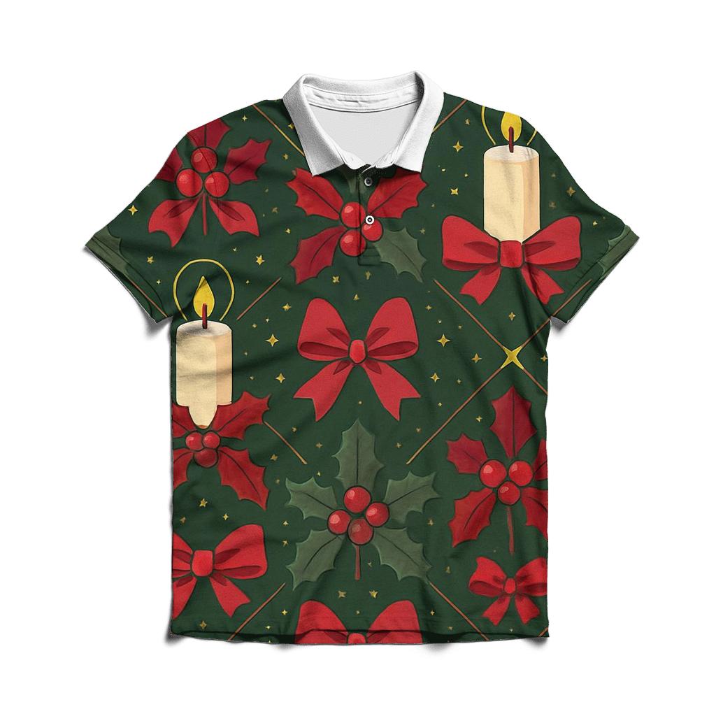 Crimson Holly Candle Lattice On Midnight Green Background personalized polo shirts