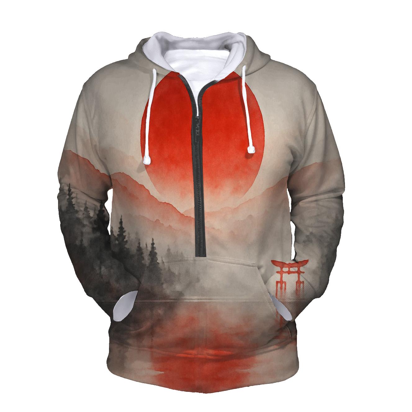 Crimson Sun Over Misty Tori hoodie designs