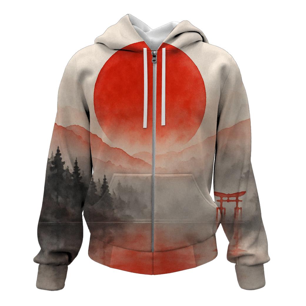 Crimson Sun Over Misty Tori heavyweight hoodies