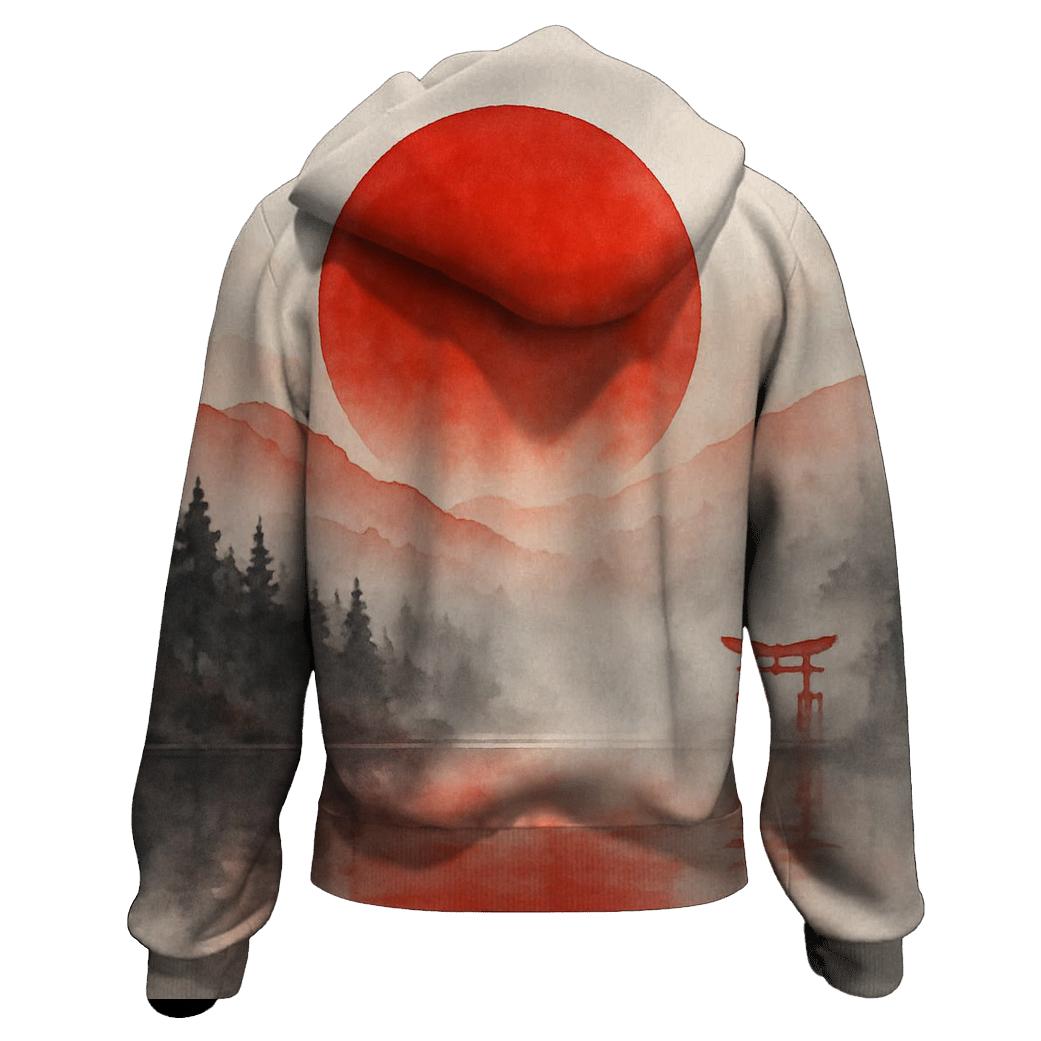 Crimson Sun Over Misty Tori heavyweight hoodies