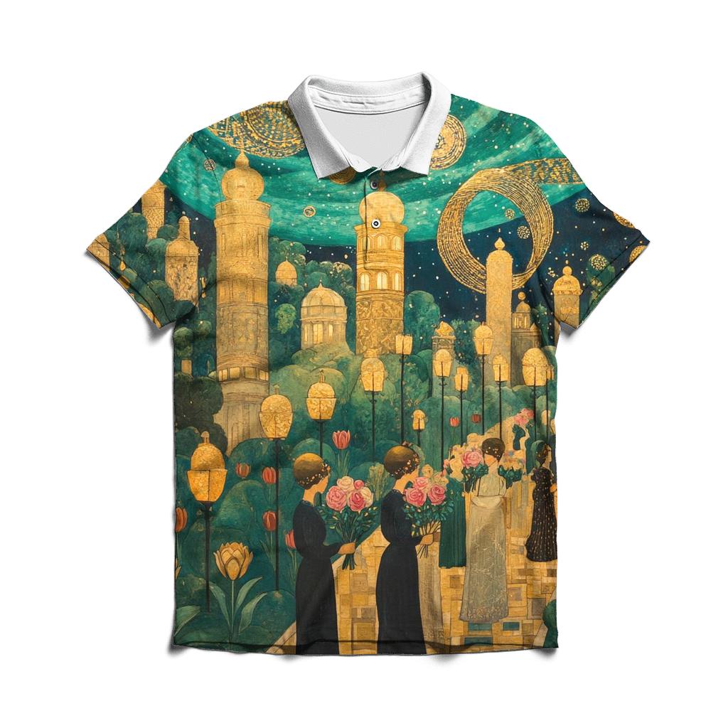 Gustav Klimt Inspired Aurora Garden Festival premium cotton polo shirts