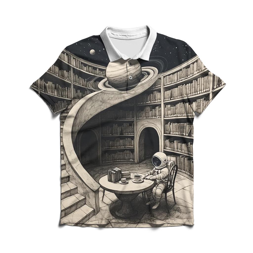 M C Escher Inspired Library Of Planets And Stairways branded logo polo shirts
