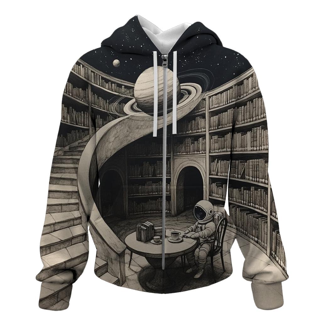 M C Escher Inspired Library Of Planets And Stairways graphic hoodies