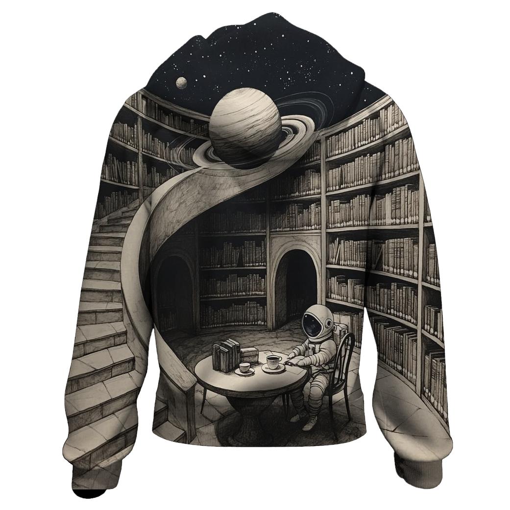 M C Escher Inspired Library Of Planets And Stairways graphic hoodies