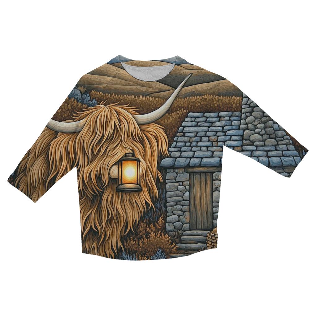 Highland Cow Lantern Keeper At The Bothy Door designer 3/4 sleeve blouses