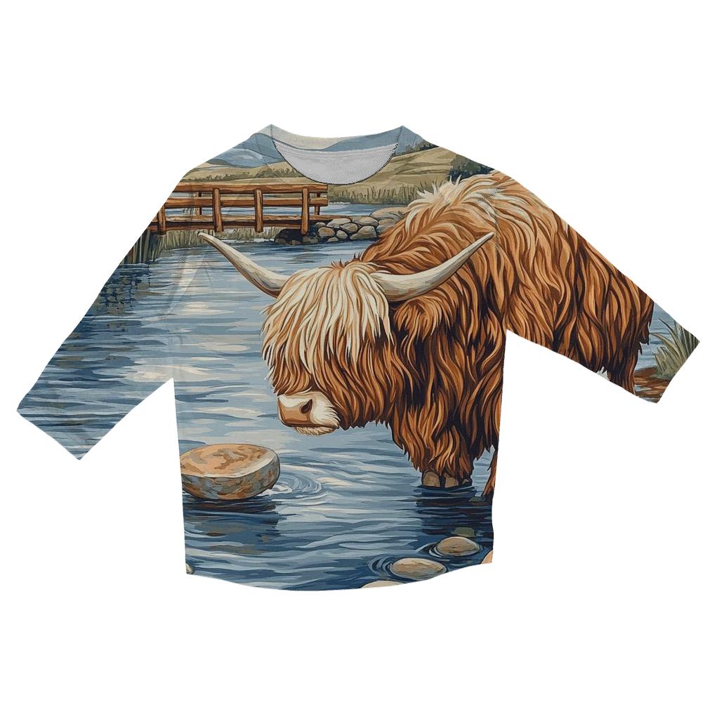 Highland Cow River Stone Skipping trendy 3/4 sleeve tops