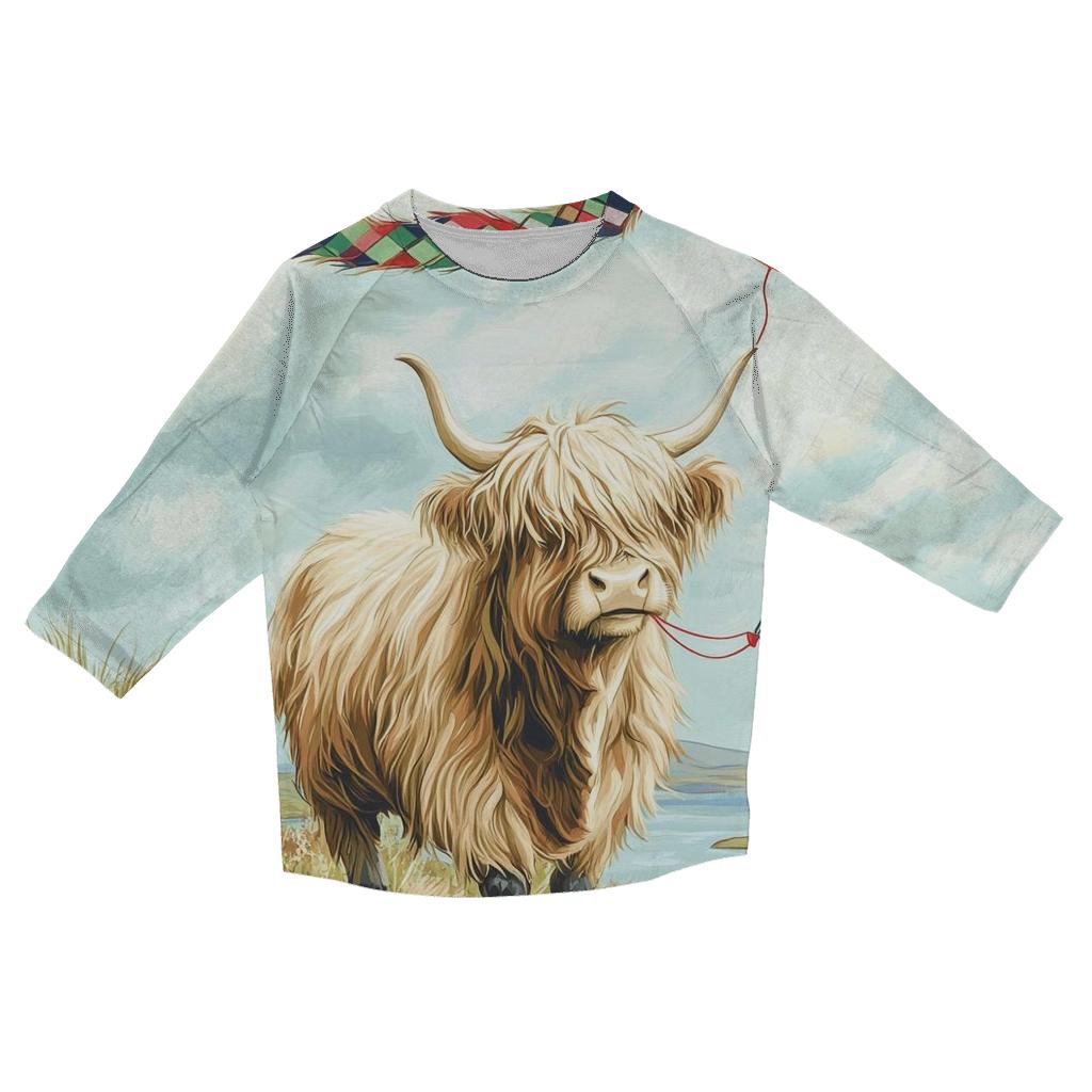 Highland Cow And The Tartan Kite Tail printed three quarter sleeve shirts