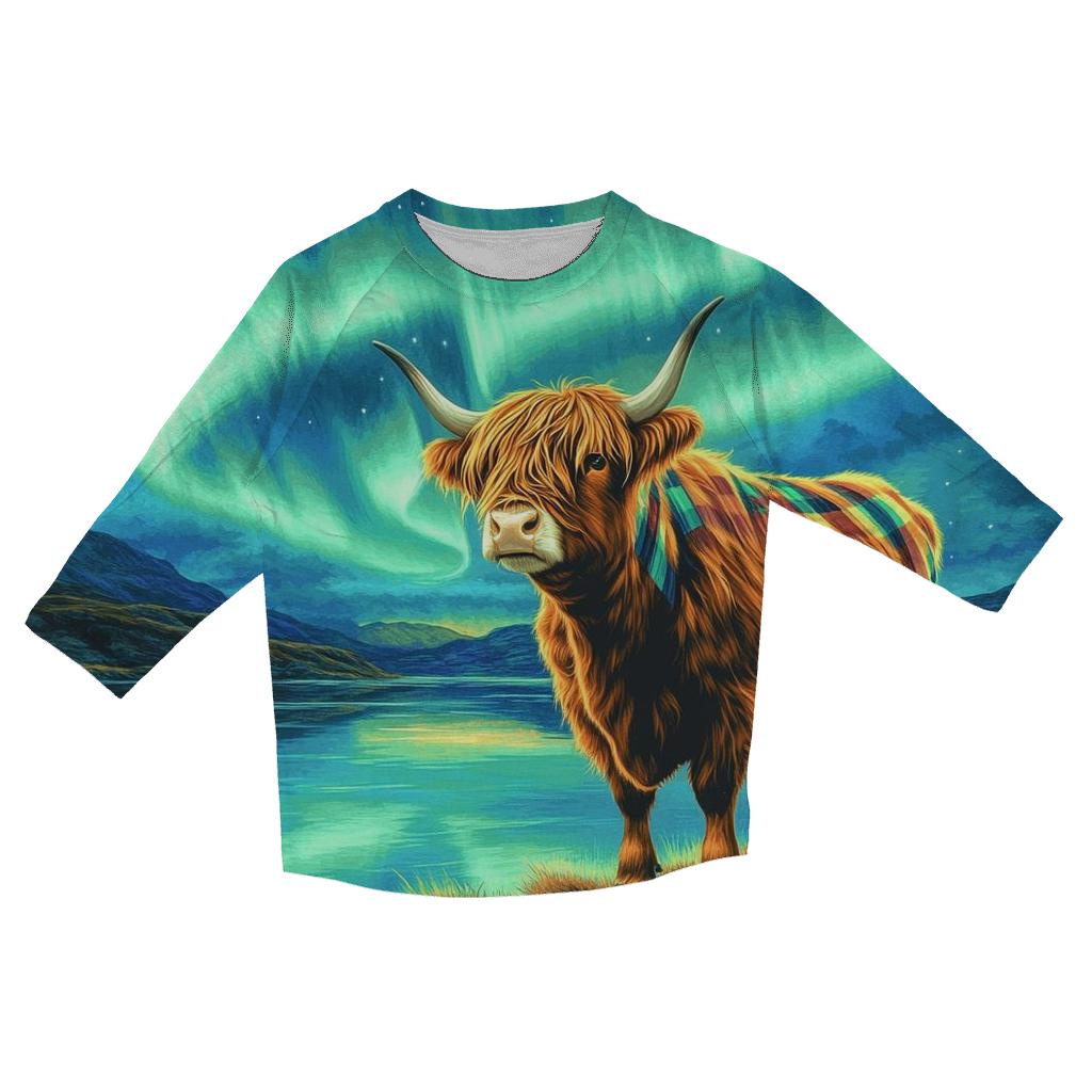 Highland Cow Under The Aurora Tartan Sky casual three quarter sleeve shirts