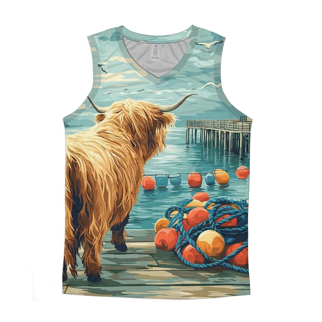 Highland Cow In Harbor Mist With Fishing Buoys designer workout tanks