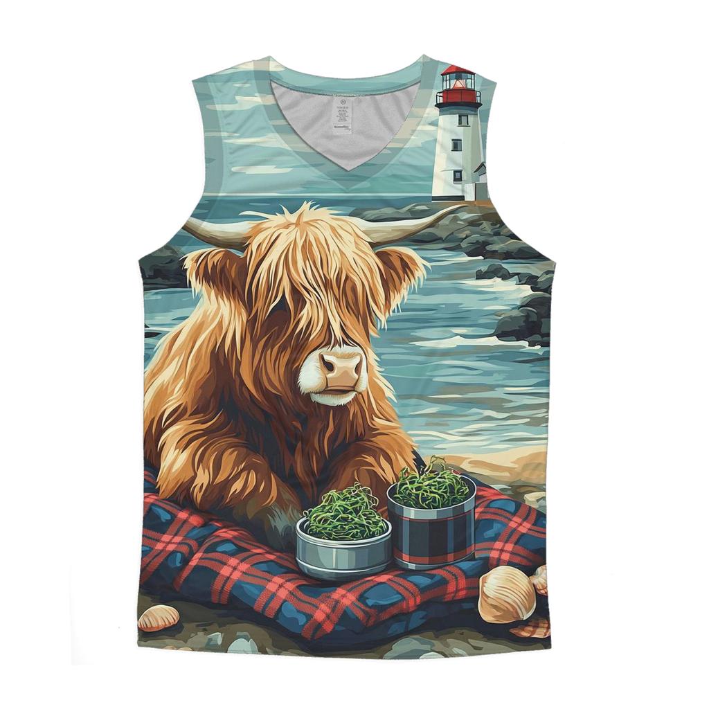 Highland Cow Lighthouse Picnic At Low Tide casual summer tank tops