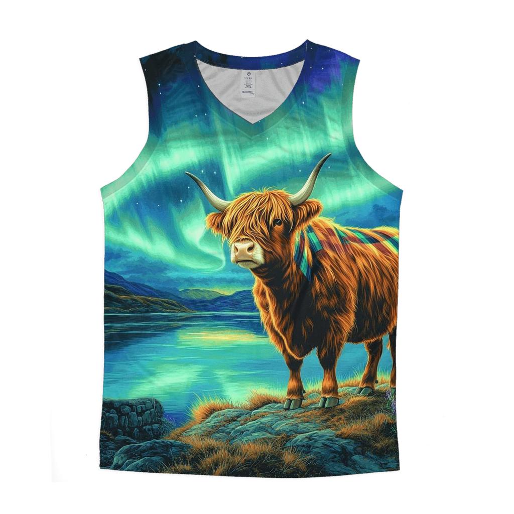 Highland Cow Under The Aurora Tartan Sky sports performance tank tops