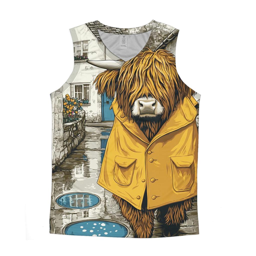 Highland Cow Raincoat Day In The Village Lane custom tank tops