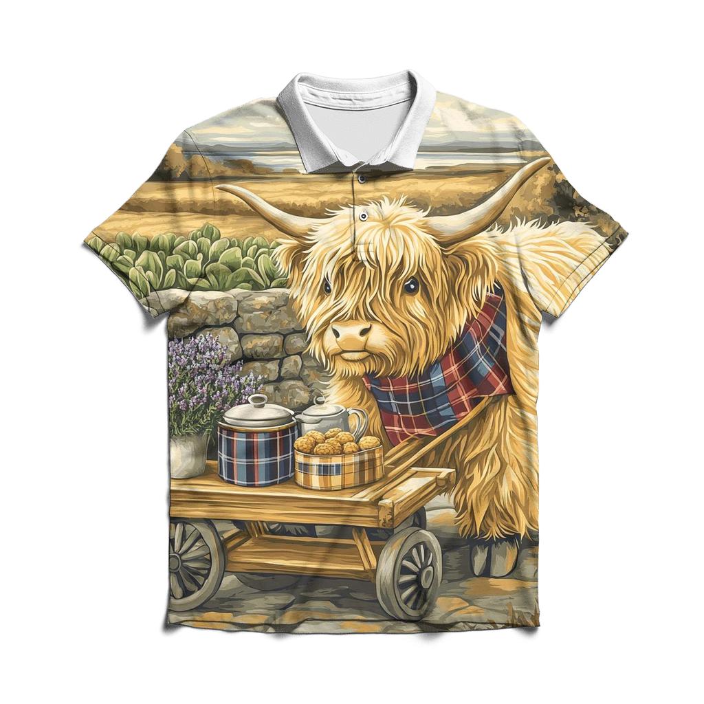 Tea Cart With Highland Cow Companion custom polo shirts