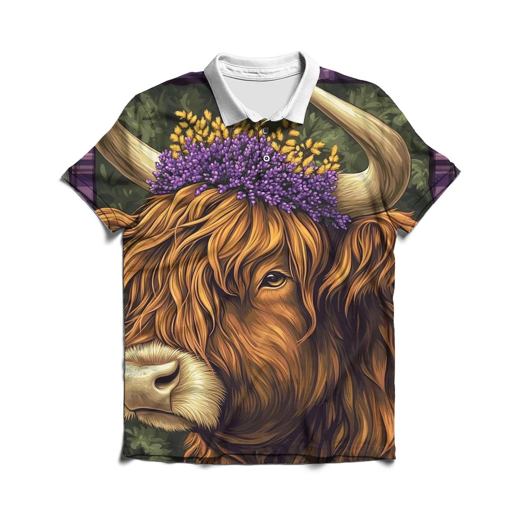 Heather Crown Highland Cow Portrait classic pique polos