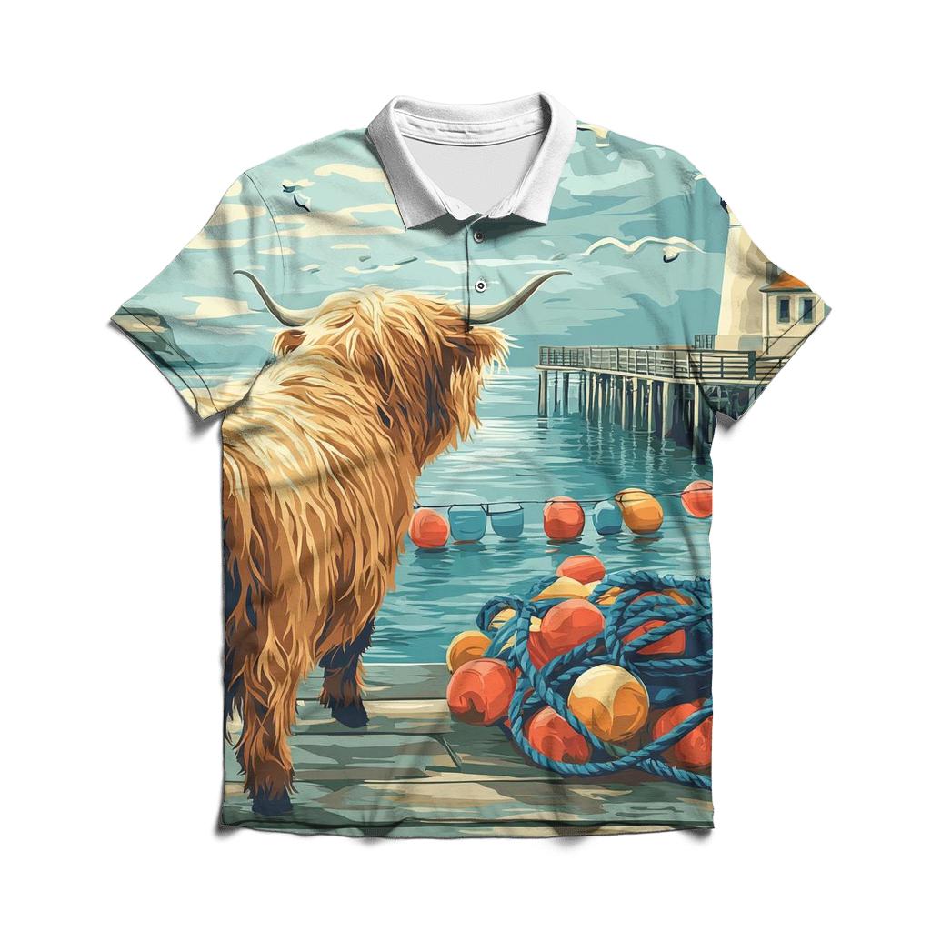 Highland Cow In Harbor Mist With Fishing Buoys branded logo polo shirts