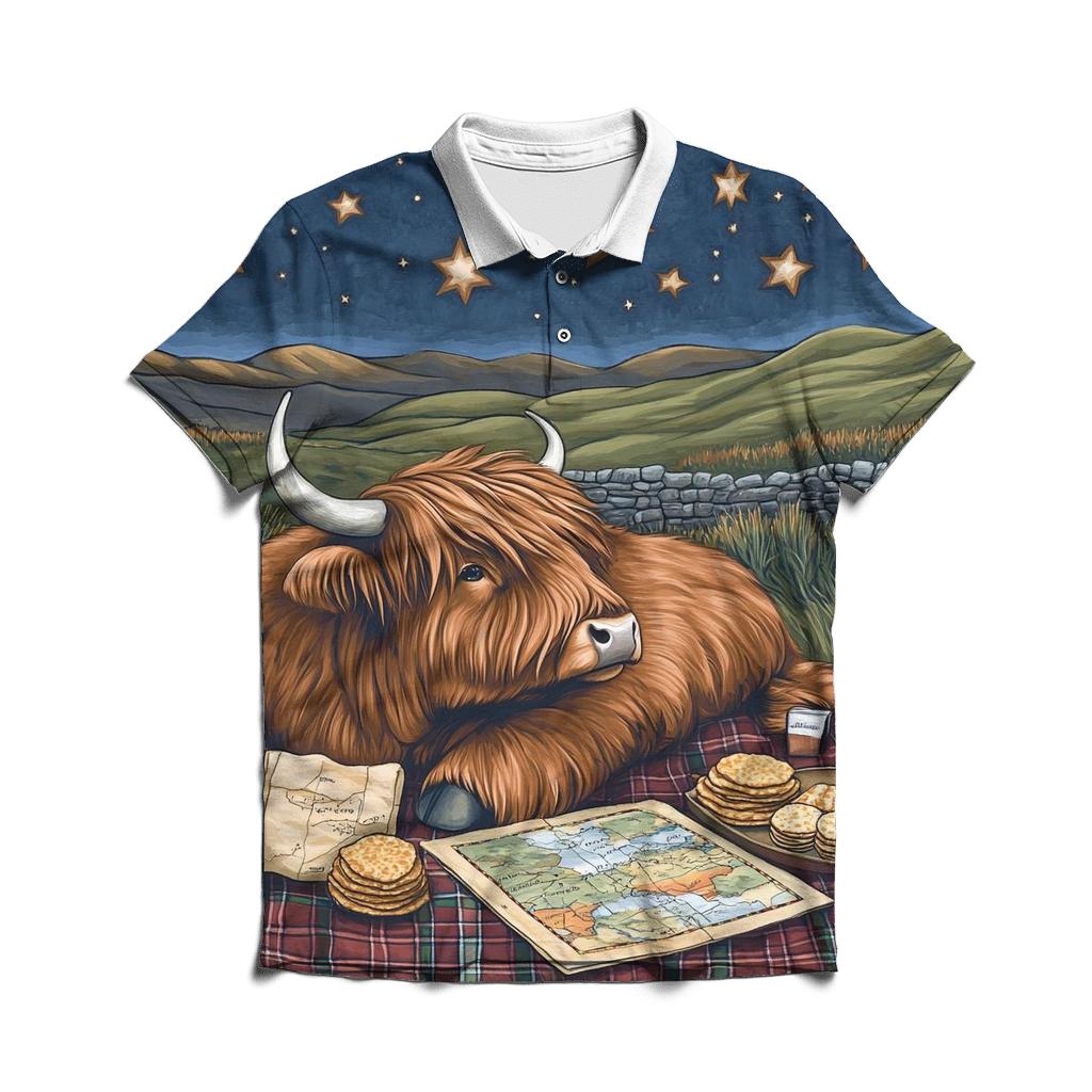 Stargazing Picnic, Highland Cow Style custom polo shirts