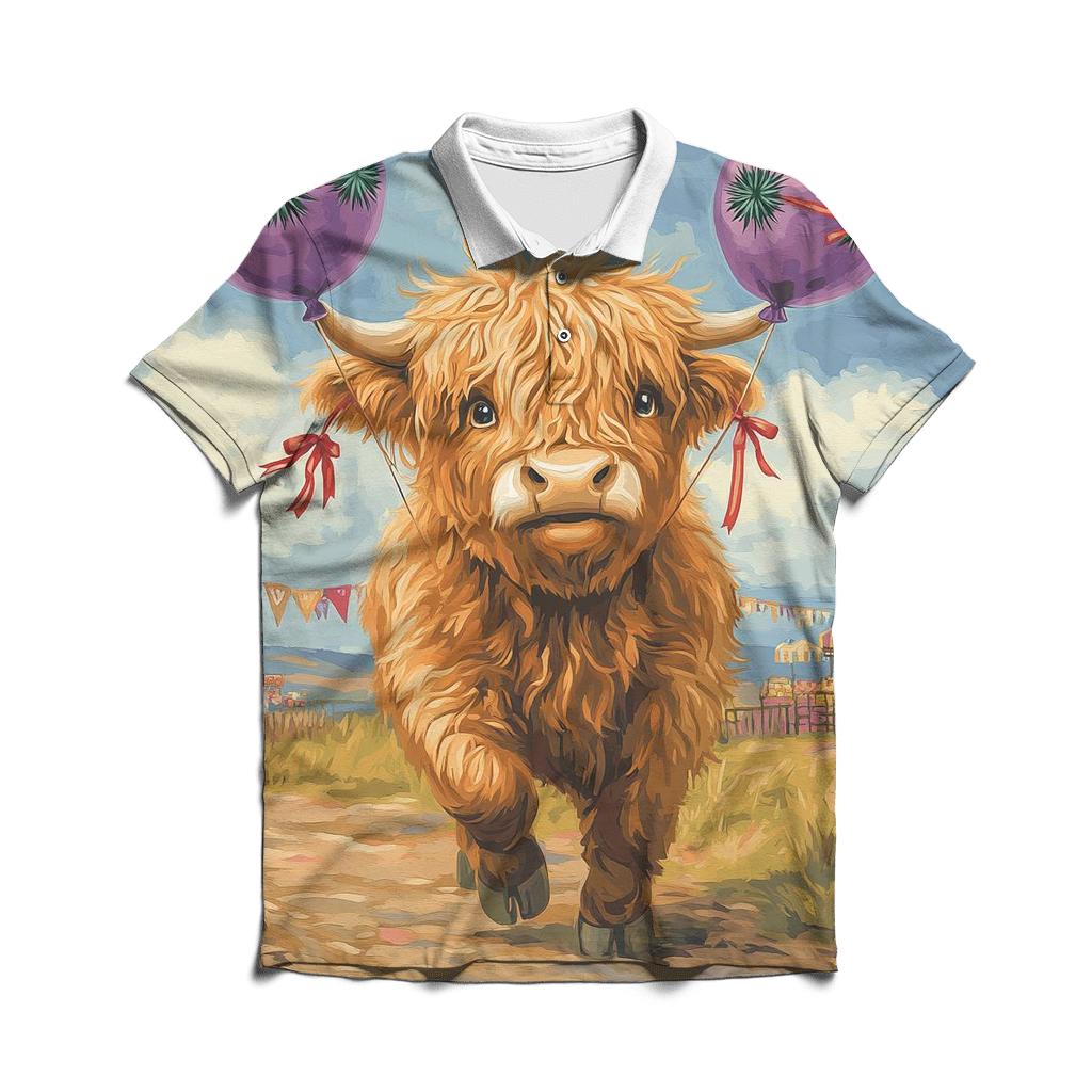 Highland Cow And The Floating Thistle Balloons embroidered polo tops