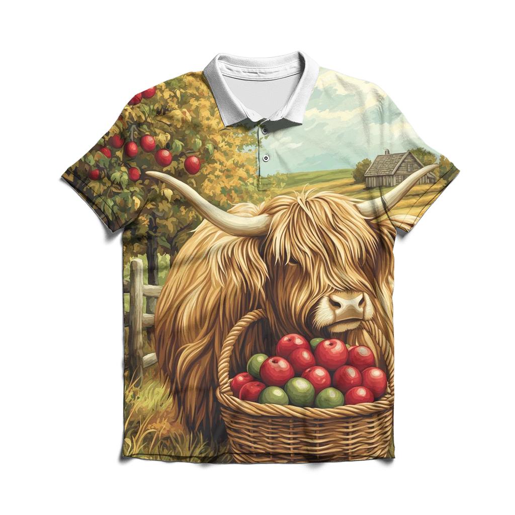 Highland Cow Orchard With Apple Basket premium cotton polo shirts