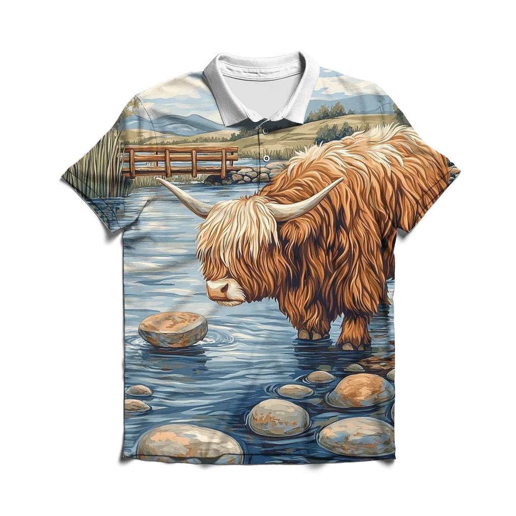 Highland Cow River Stone Skipping premium cotton polo shirts