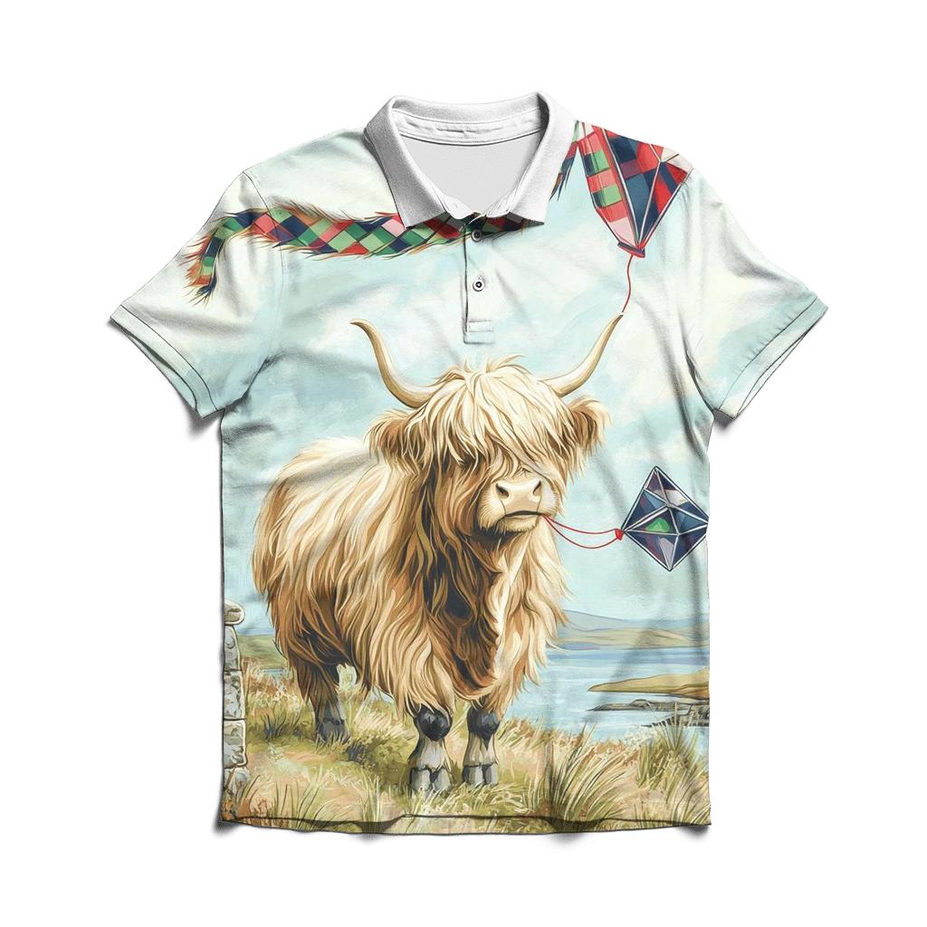 Highland Cow And The Tartan Kite Tail custom polo shirts