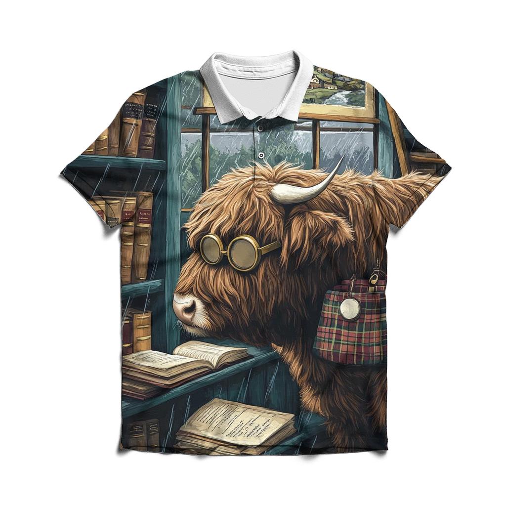 Highland Cow Bookshop Shelf Explorer designer slim fit polos