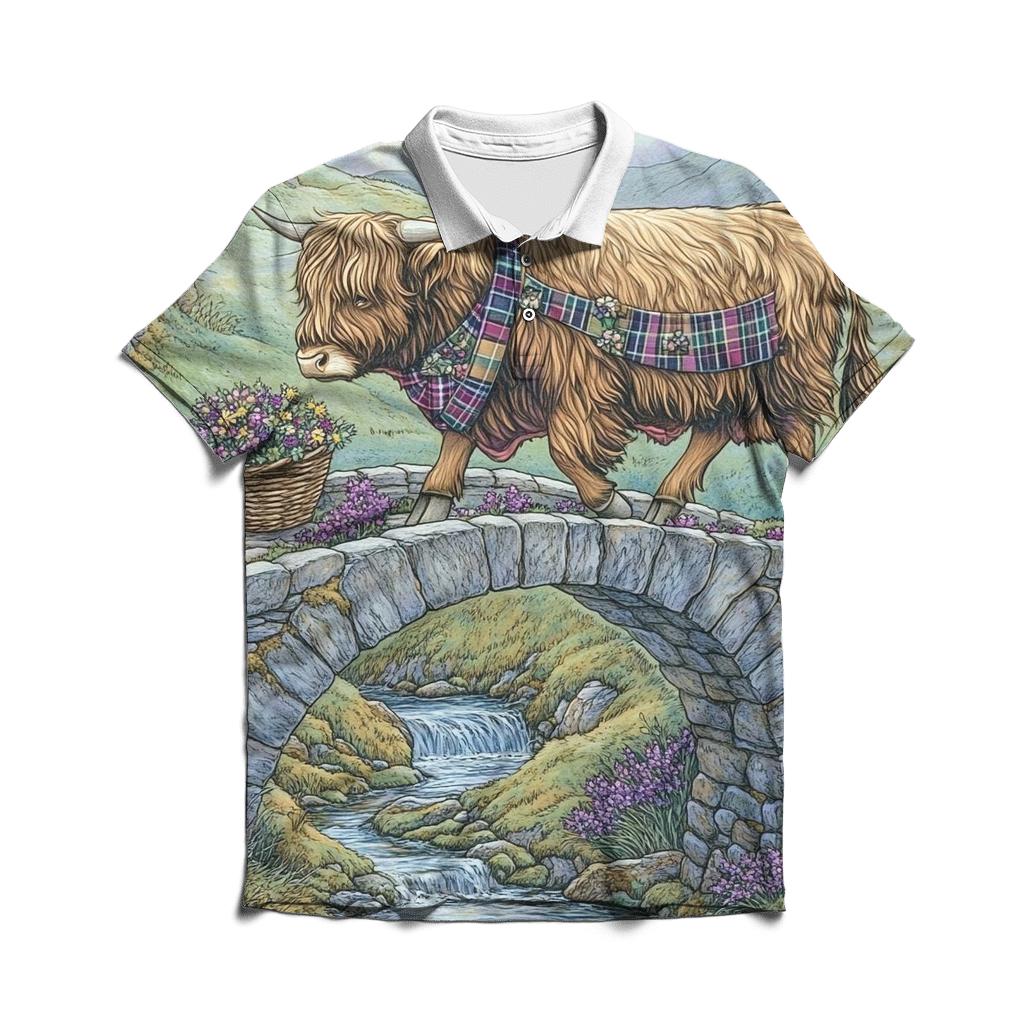 Highland Cow Bridge Crossing With Heather Steps stylish collar polo tees