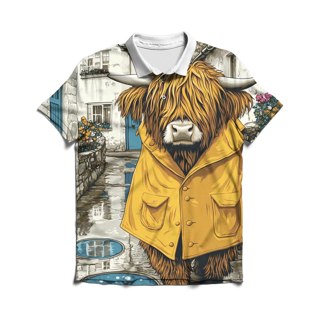 Highland Cow Raincoat Day In The Village Lane casual sports polo shirts