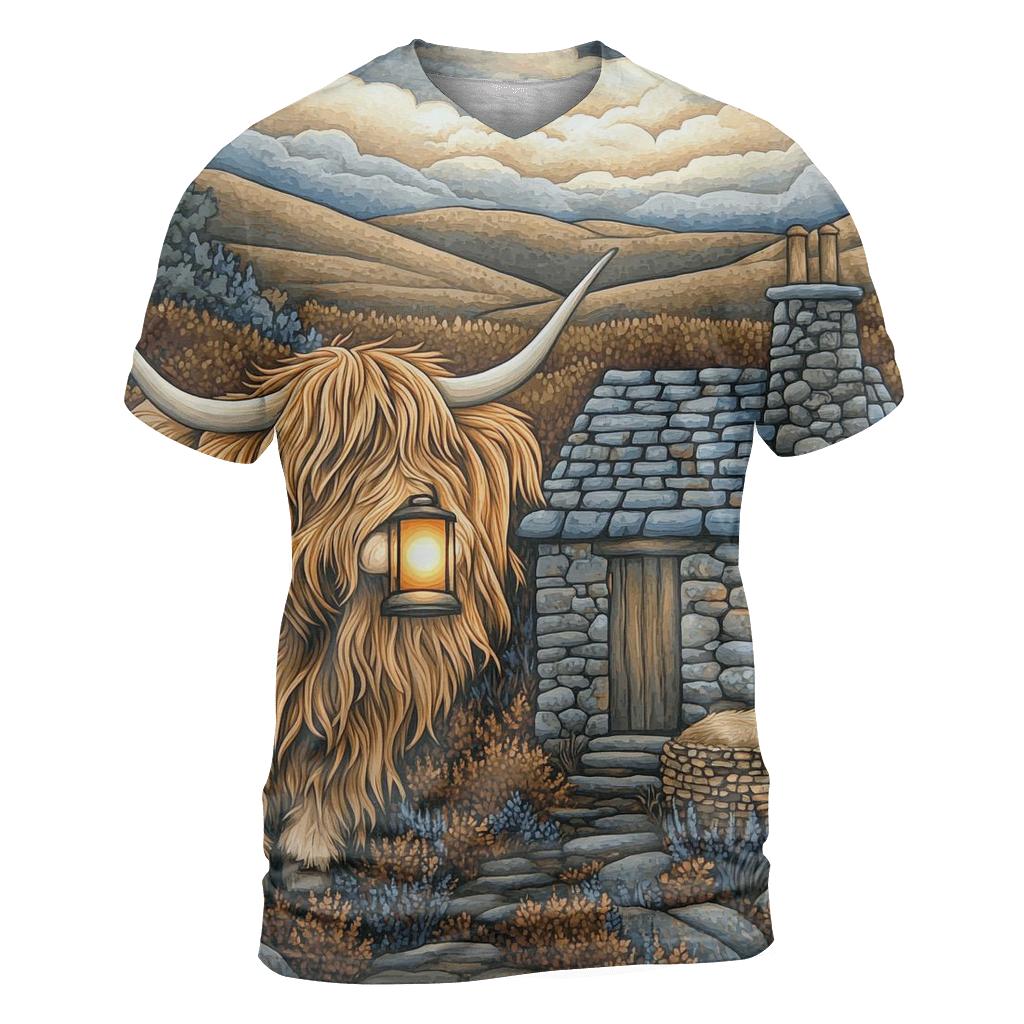 Highland Cow Lantern Keeper At The Bothy Door vibrant all-over design tees