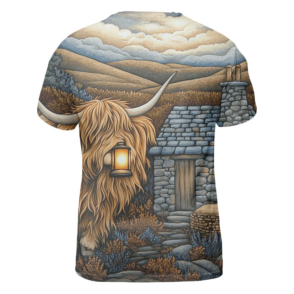 Highland Cow Lantern Keeper At The Bothy Door vibrant all-over design tees