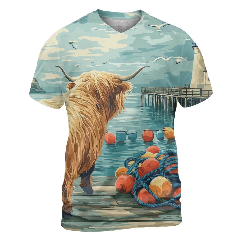 Highland Cow In Harbor Mist With Fishing Buoys unique graphic print tees