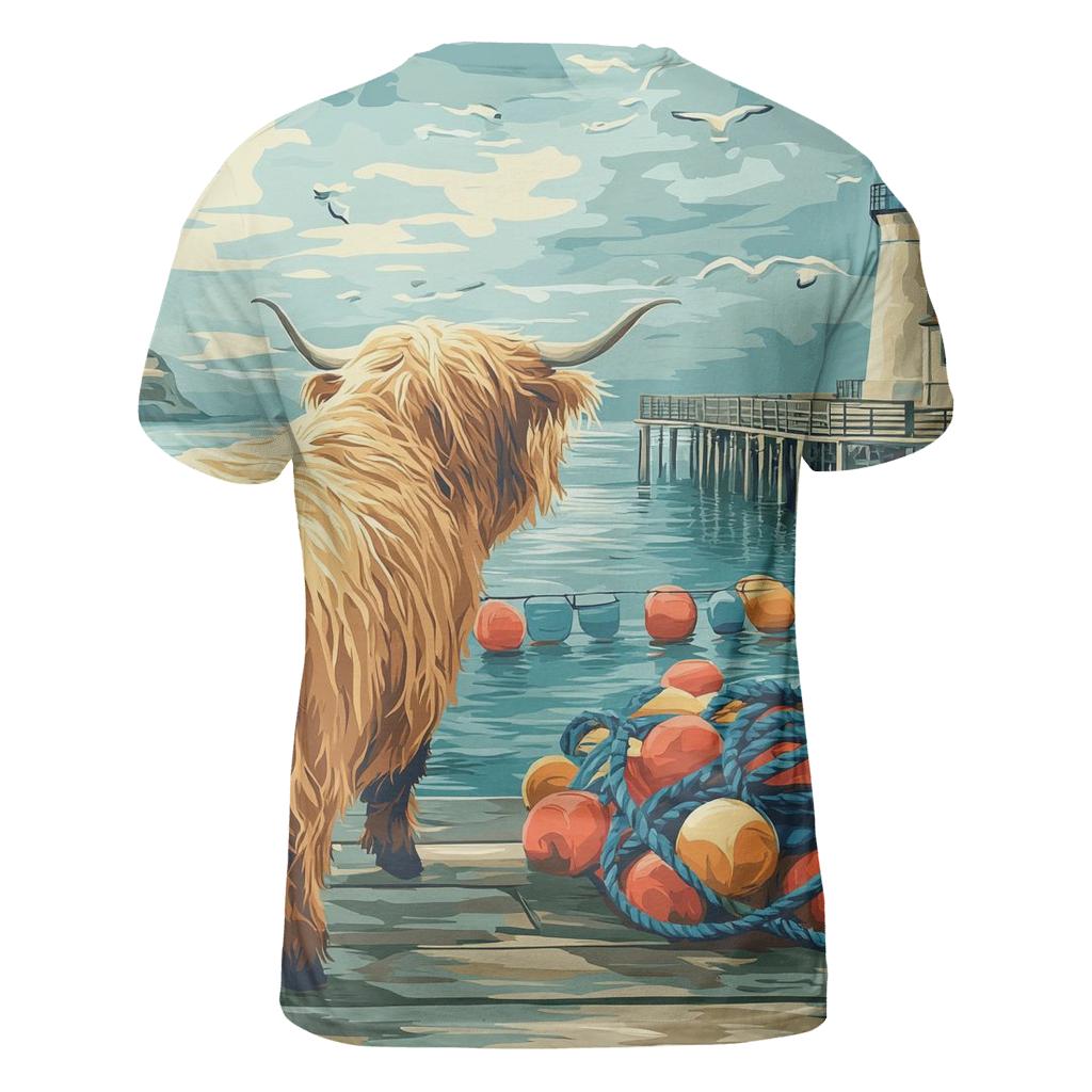Highland Cow In Harbor Mist With Fishing Buoys unique graphic print tees