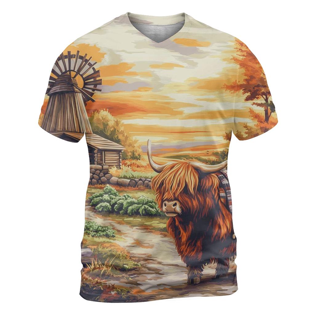 Highland Cow Windmill Croft Evening designer pattern shirts