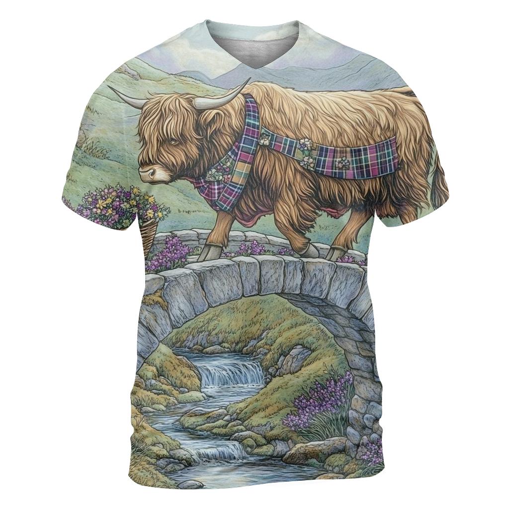 Highland Cow Bridge Crossing With Heather Steps unique graphic print tees