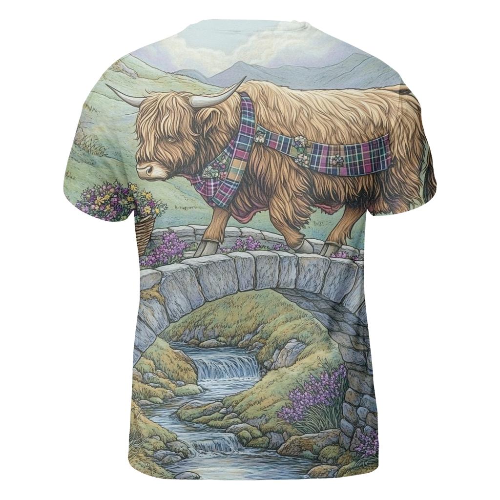 Highland Cow Bridge Crossing With Heather Steps unique graphic print tees