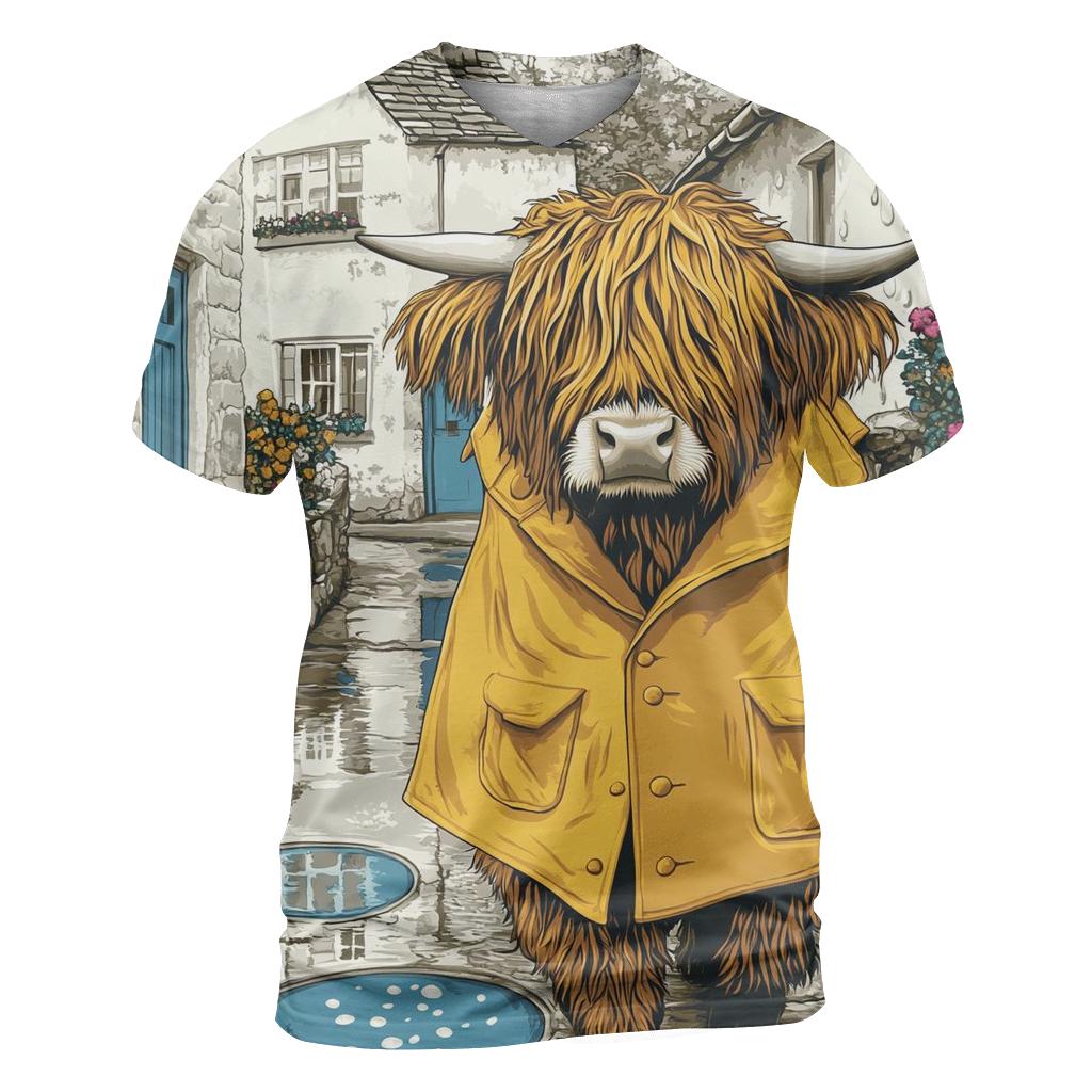 Highland Cow Raincoat Day In The Village Lane vibrant all-over design tees
