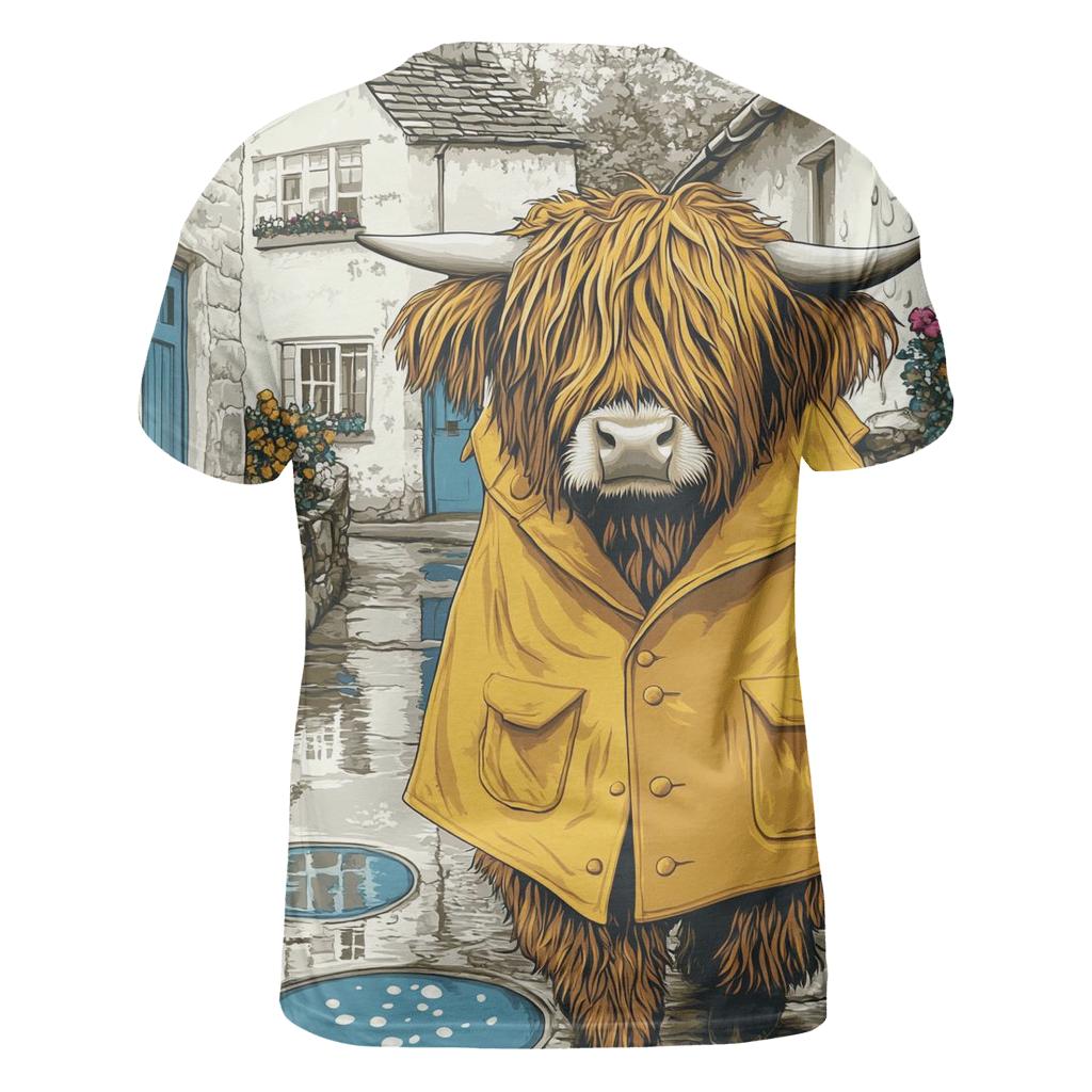 Highland Cow Raincoat Day In The Village Lane vibrant all-over design tees